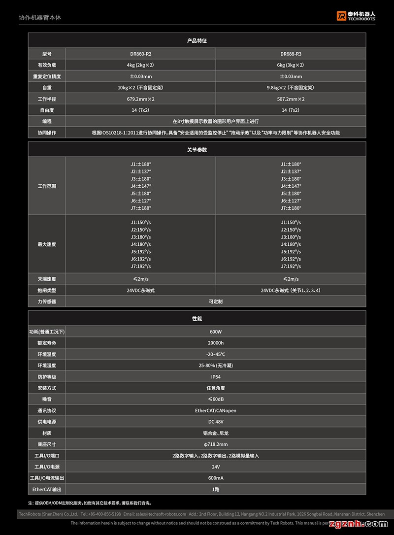 雙臂協作機器人選型參數